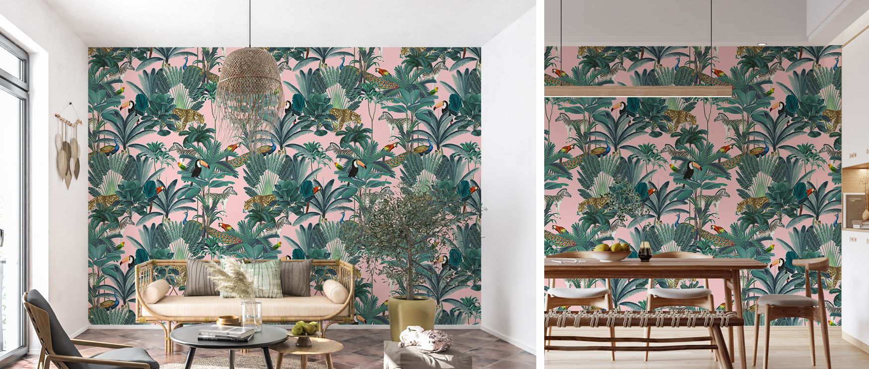 The palette moves between lush greens, warm earth, and bright feathers, ensuring versatility; pair with natural rattan for a tropical vibe or with black lacquer and brass for a more formal, eclectic elegance; in either case the room feels curated, like a 
