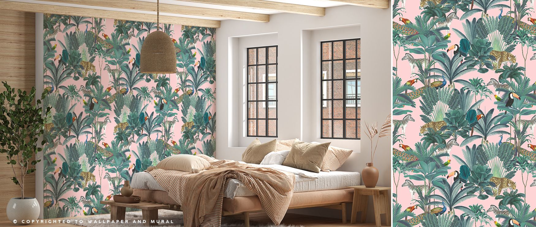 Peacocks in their jeweled tones dominate corners of the mural while tigers stride like painted guardians, zebras add rhythm, and parrots scatter playful accents; this layered composition keeps the wall alive, perfect for lively family spaces that thrive o