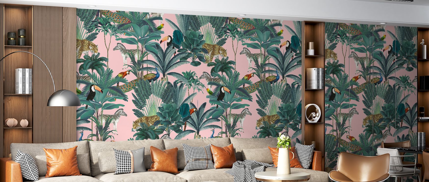 In large open living spaces, the mural works as a gathering narrative, pulling eyes across its foliage and fauna; in intimate bedrooms it settles to a quiet jungle hum, the patterning of leaves offering composure while the animals lend gentle character; t