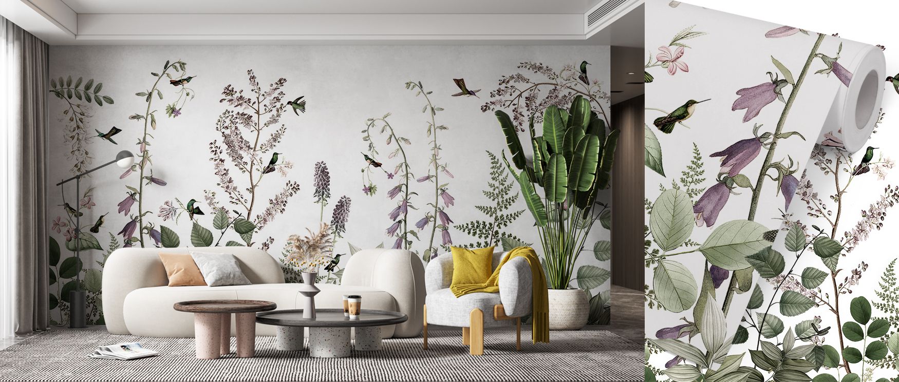 The design layers foliage and feathered detail in considered cadence, so the mural functions as art more than ornament; light and shadow settle gently across the pattern, giving rooms subtle dynamism; in dining areas the effect is graceful theater, in bed