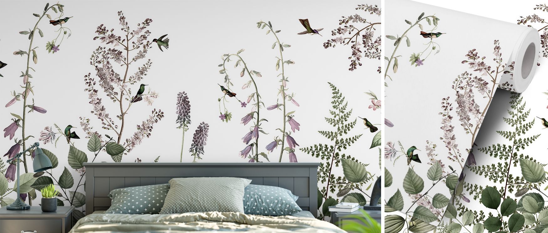 Birds rest among leafy silhouettes that flow like painted calligraphy, their forms soft yet precise; plants ground the imagery, ensuring that the overall composition remains steady and calm; in studies the effect nurtures focus, in living spaces it lends 
