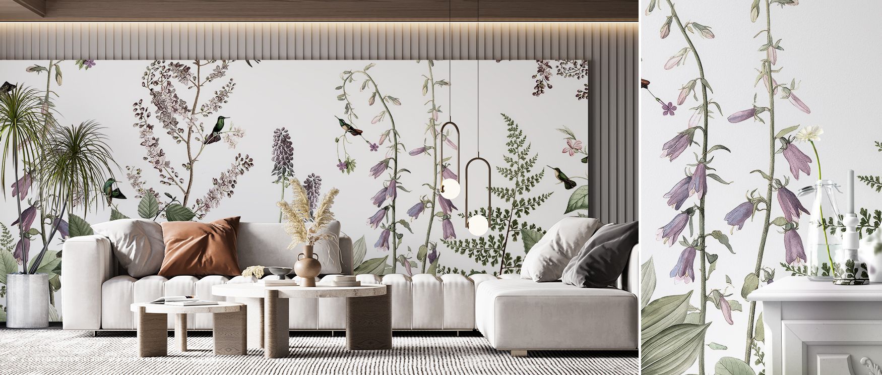 Negative space flows between leaves and birds, making the pattern breathable; this ensures the mural works well on both small walls and expansive interiors, elongating sight lines while creating quiet visual continuity; pair with pale linens, oak floors, 