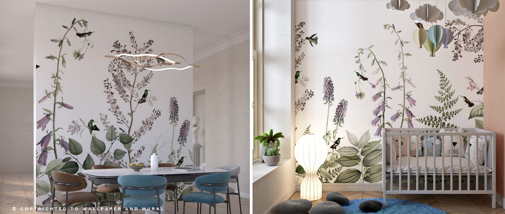 Under soft light, the birds glimmer as small details within a broader composition of foliage, adding intimacy; in daylight, the design expands to fill walls with quiet rhythm; the duality makes it a mural of subtle surprises, rewarding close observation w