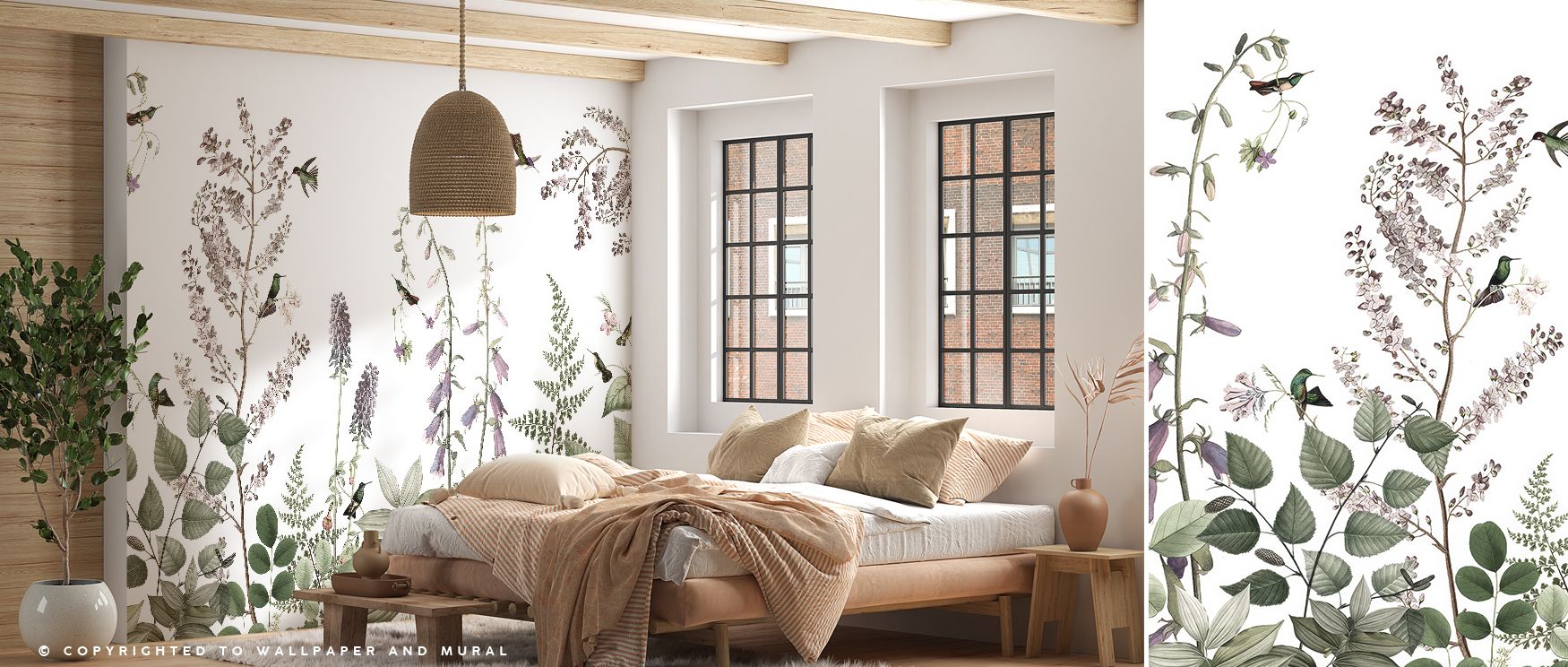 Each element—tree, plant, bird—is placed with painterly restraint, ensuring the whole never overwhelms; the mural reads as a cultivated poem in line and form, making interiors feel studied, sophisticated, and timeless, especially in bedrooms, studies, or 