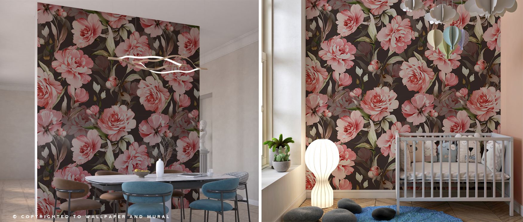 Under daylight the blossoms read fresh and luminous; under lamplight they settle into warm composure; this duality ensures the mural evolves with the rhythm of the home, offering freshness by day and intimacy by night, a timeless floral backdrop that adap