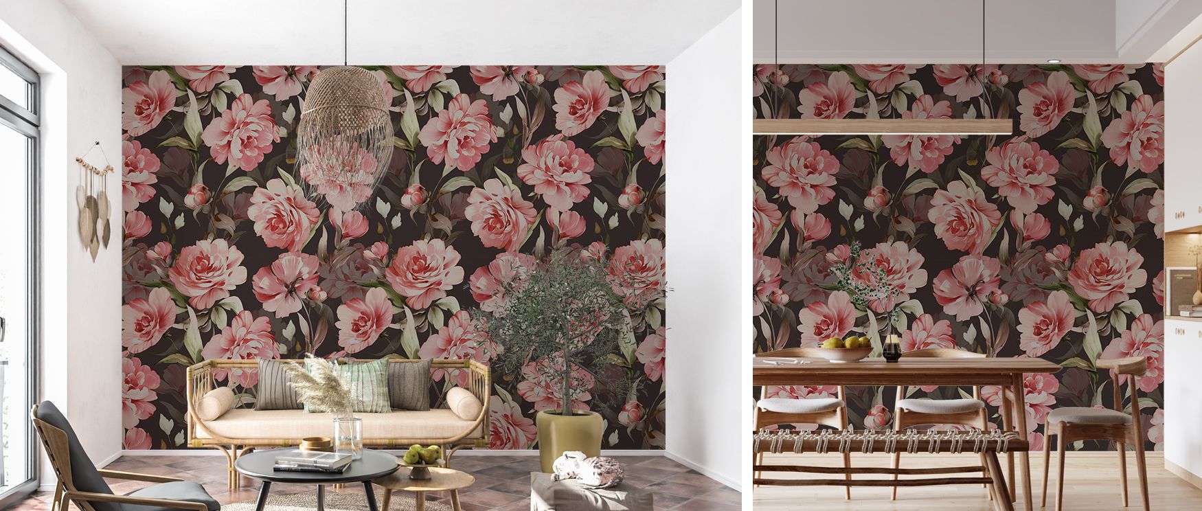 The blossoms’ presence softens architecture, smoothing hard edges and elongating sight lines; in small rooms the mural expands space through its light rhythm, in larger rooms it provides scale and composure; this adaptability makes it a rare floral design