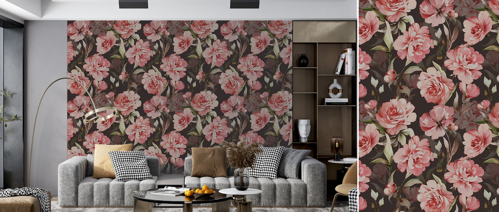 The palette leans toward soft botanicals—rose, sage, muted ivory—allowing the mural to blend seamlessly with a wide variety of furnishings; the result is interiors that feel fresh yet rooted, timeless yet personal, a cultivated floral environment that enh