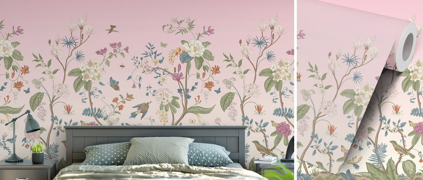 Trees and birds balance stillness with movement in the mural, producing interiors that feel both calming and engaging; this rhythm creates sanctuary-like retreats in bedrooms and living areas, grounding walls in botanical beauty. 