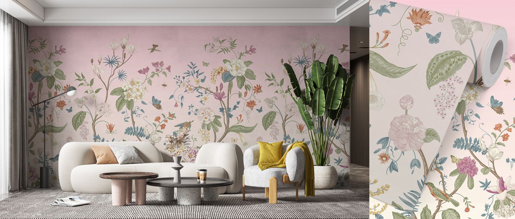 A gentle interplay of flowers, plants, and trees creates a soft botanical cadence, enriched by birds in motion; this mural fills nurseries and bedrooms with calm atmosphere, offering interiors a cultivated balance of artistry and peace. 