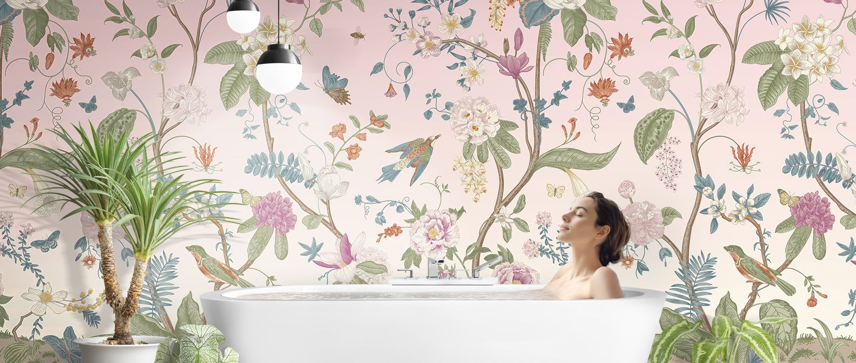 Lavender trees stretch upward with gentle rhythm, their blossoms adding softness as playful birds flutter across the scene; the mural’s botanical composition invites calm reflection, making bedrooms serene sanctuaries and nurseries peaceful retreats where