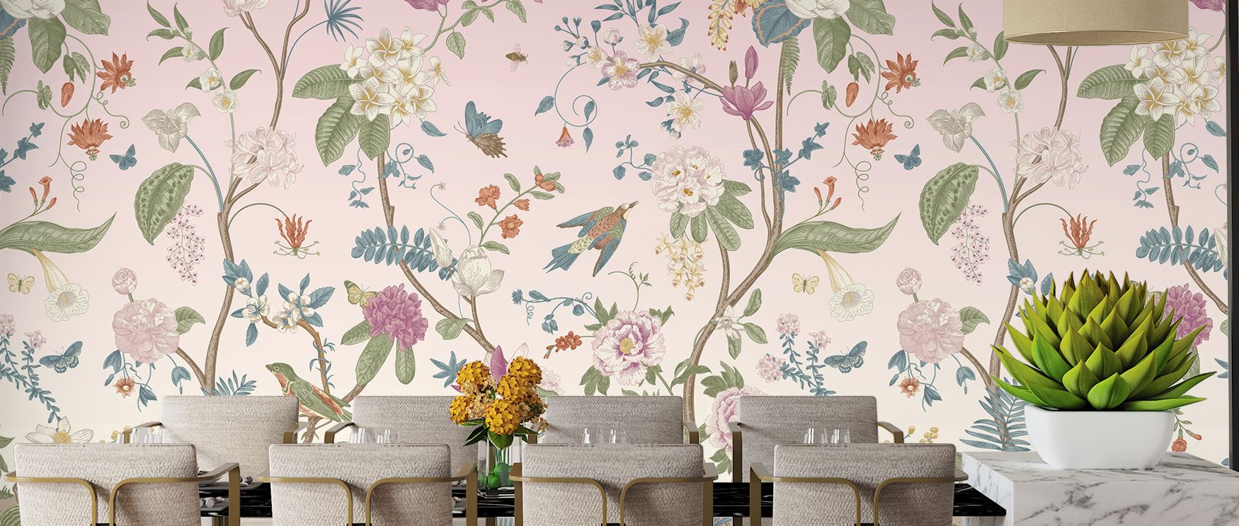 The mural harmonizes lavender tones with delicate greenery, creating an impression of balance and grace; birds weaving through the trees add small notes of vitality, ensuring bedrooms and living areas feel composed yet alive with subtle beauty. 