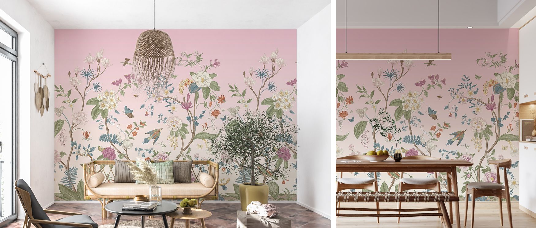 Blossoms open delicately beneath lavender-toned canopies while small birds dart between branches; the interplay of light and foliage radiates calm beauty, transforming meditation spaces into sanctuaries and bedrooms into restful escapes, balancing serenit