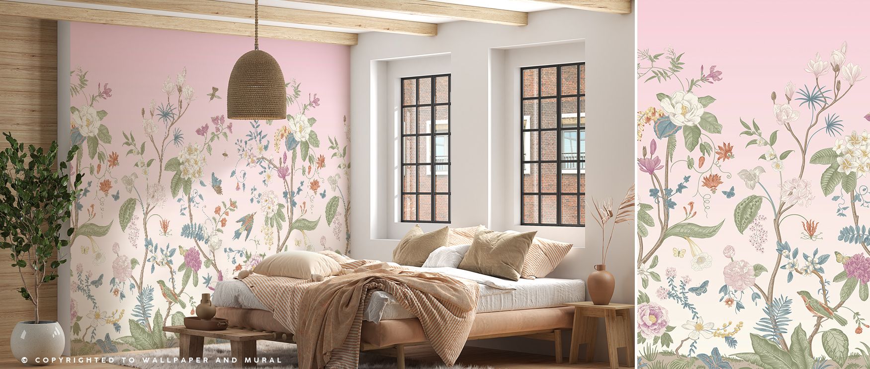 Birds in gentle flight enliven the lavender forest, their presence adding grace and liveliness without disrupting the mural’s calm rhythm; paired with blooming flowers, the composition creates tranquil interiors perfect for living rooms, reading nooks, or