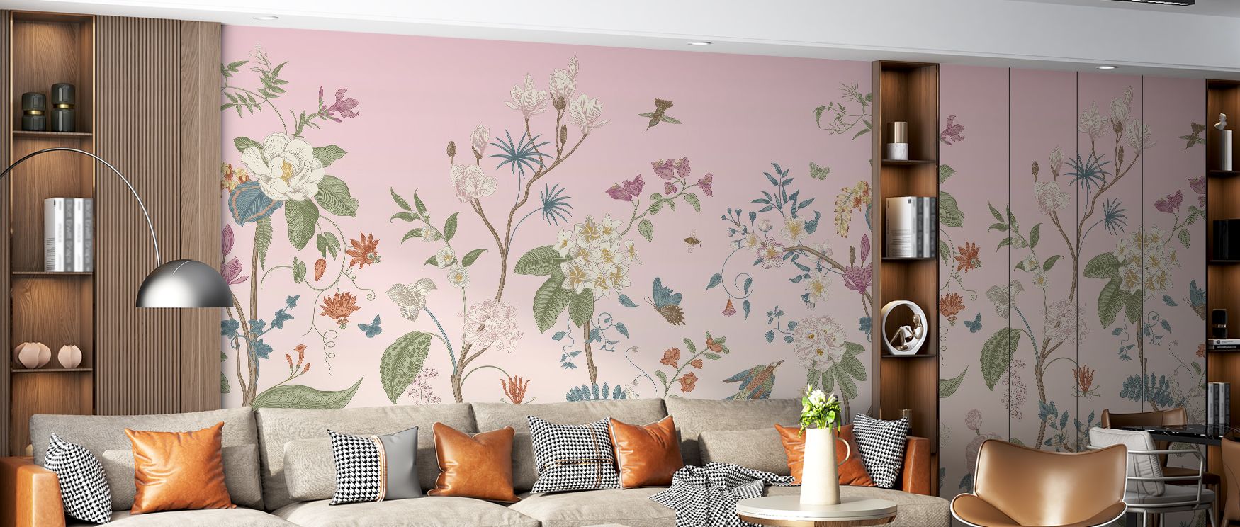 Lavender hues sweep softly across trees and flowering plants, setting a calm tone throughout the mural; the quiet atmosphere brings composure to bedrooms and gentle charm to nurseries, enveloping interiors in restful beauty that feels timeless and balance
