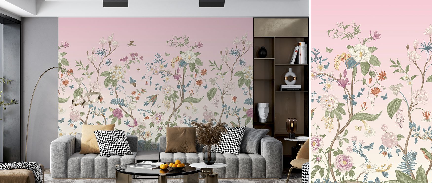 Elegant trees dominate the mural’s lavender landscape while blossoms cluster at their roots, and birds complete the scene with lively movement; together they transform ordinary interiors into serene environments, perfect for studies, bedrooms, and creativ
