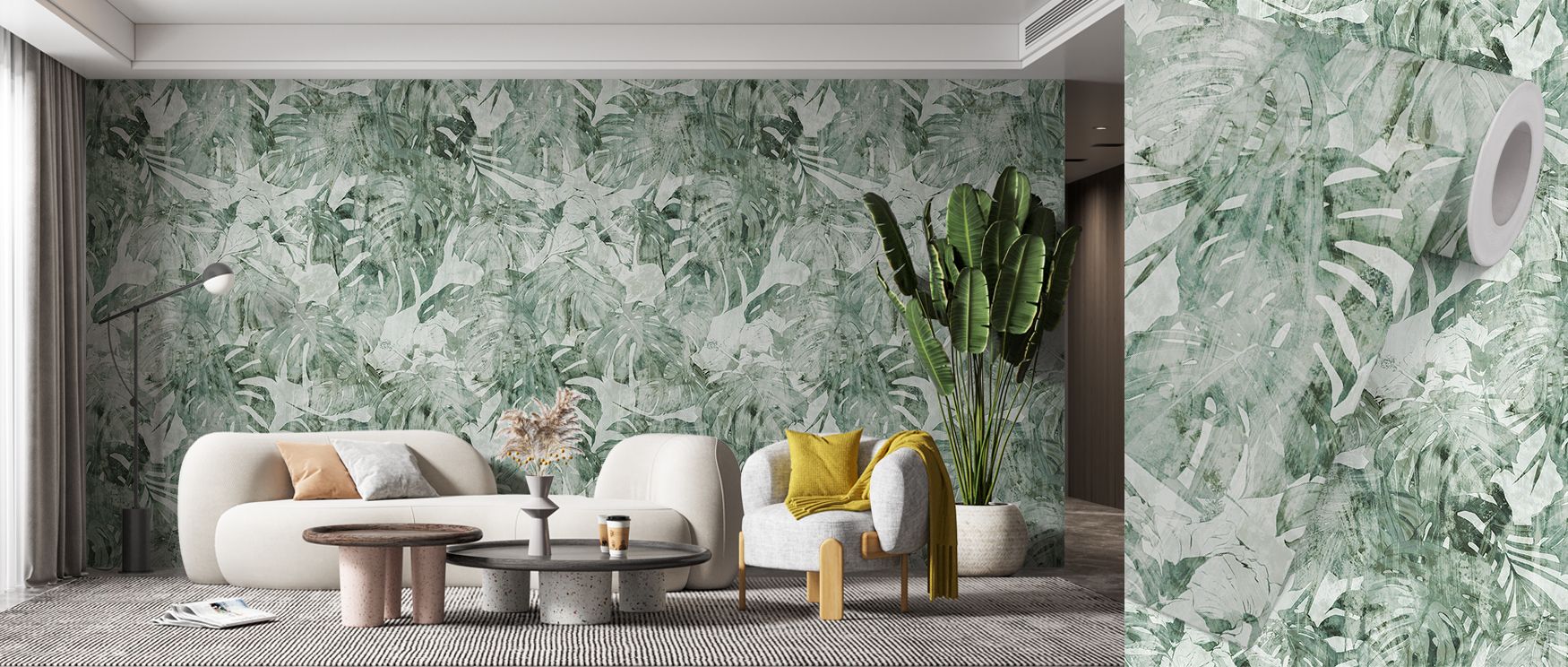 Sweeping monstera leaves rise across the mural, grounded by foliage that adds layered complexity; the bold artistry creates dynamic walls that enrich bedrooms or dining rooms, filling interiors with lush greenery and cultivated elegance. 