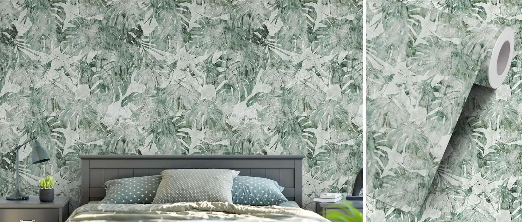 The mural layers monsteras with tropical greenery, balancing bold brushstrokes with delicate accents; in studies and creative rooms, it inspires energy and focus, while in living spaces it provides freshness and depth, turning interiors into botanical esc