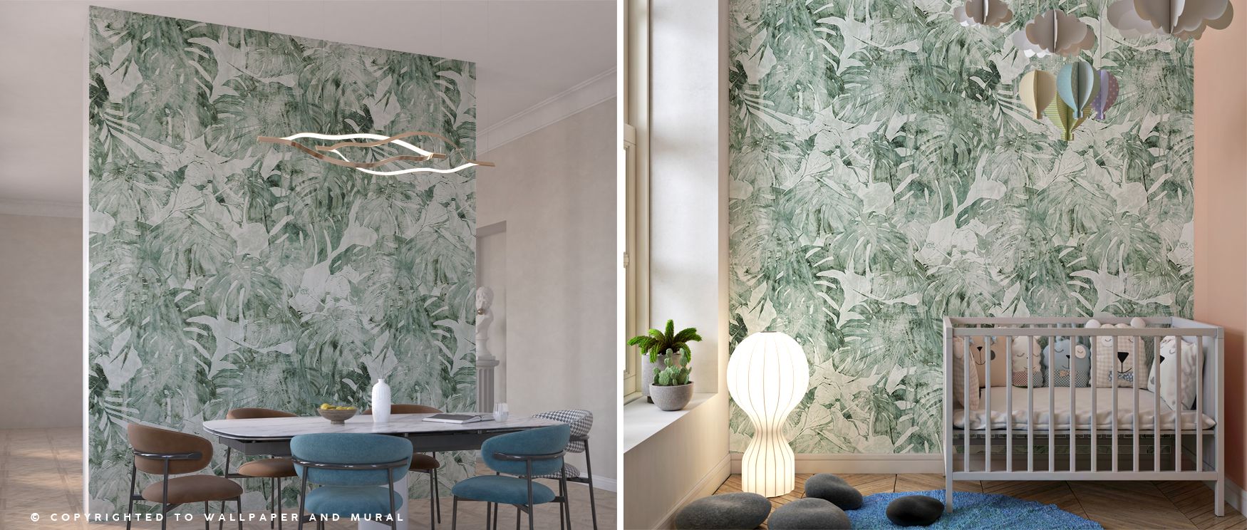 Large monstera leaves stretch in bold arcs, framed by delicate tropical plants; the design’s painterly brushstrokes create a composition that transforms living rooms or family spaces into lush sanctuaries filled with verdant inspiration. 