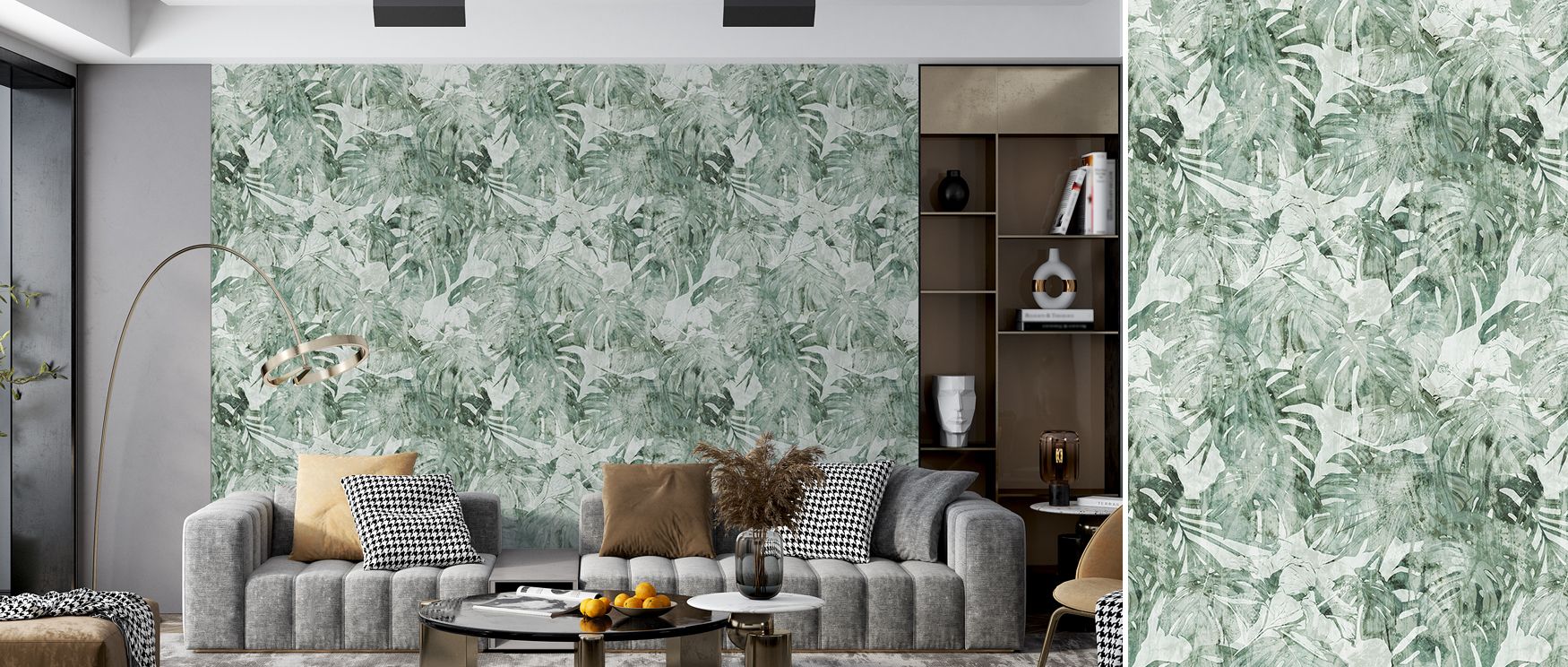 Monsteras unfurl like living sculptures, their forms accented by painted details that ground the mural in artistic elegance; the design makes dining spaces dynamic and bedrooms serene, filling walls with cultivated greenery. 