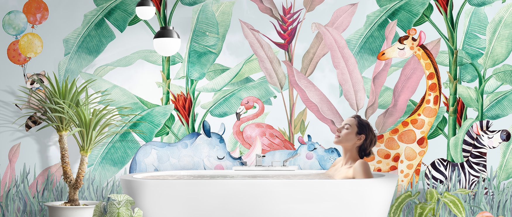 Banana trees and wildlife anchor the mural in vibrant detail; the lively atmosphere suits adventurous interiors, making nurseries and living spaces dynamic, joyful, and full of discovery. 