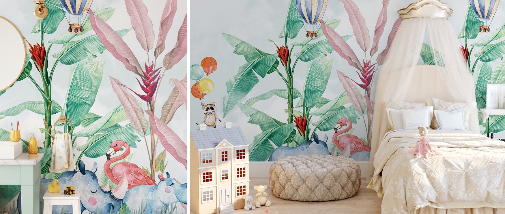 The safari scene balances animals and greenery with painterly cadence; it sparks curiosity in children’s rooms and inspires creativity in playrooms, turning interiors into playful sanctuaries. 