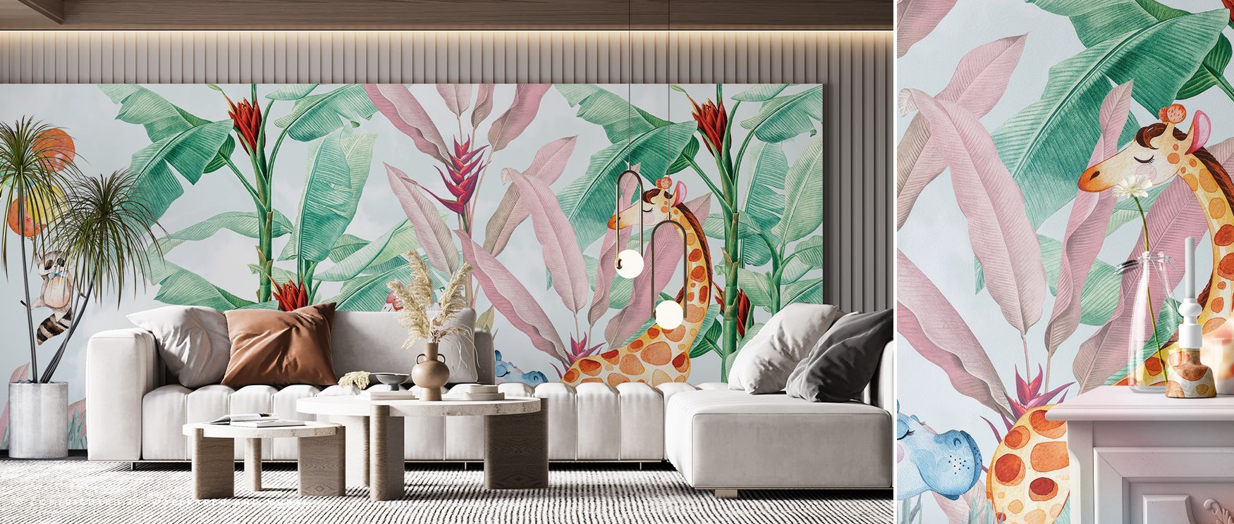 The mural’s animals move among layered foliage, creating rhythm and character; zebras and giraffes enrich walls with charm while flamingos and rhinoceroses add contrast, filling playrooms and bedrooms with energy. 