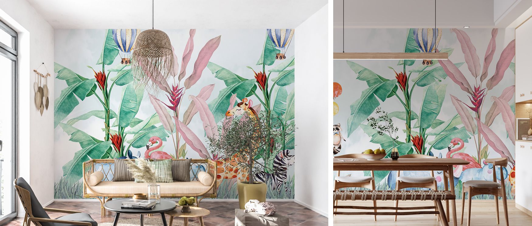 Flamingos and zebras stand among banana leaves, while giraffes and rhinoceroses add grandeur; the mural enriches interiors with safari vitality, perfect for family rooms or nurseries that celebrate exploration. 