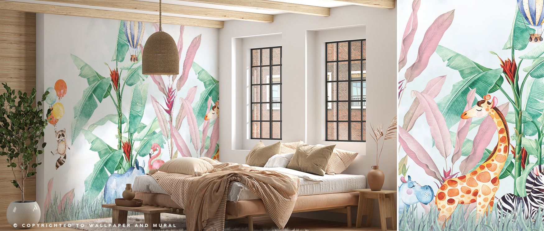 A lush tropical canopy hosts vibrant animals, blending adventure with calm; its imagery inspires storytelling and play, making bedrooms and play areas both imaginative and refined. 