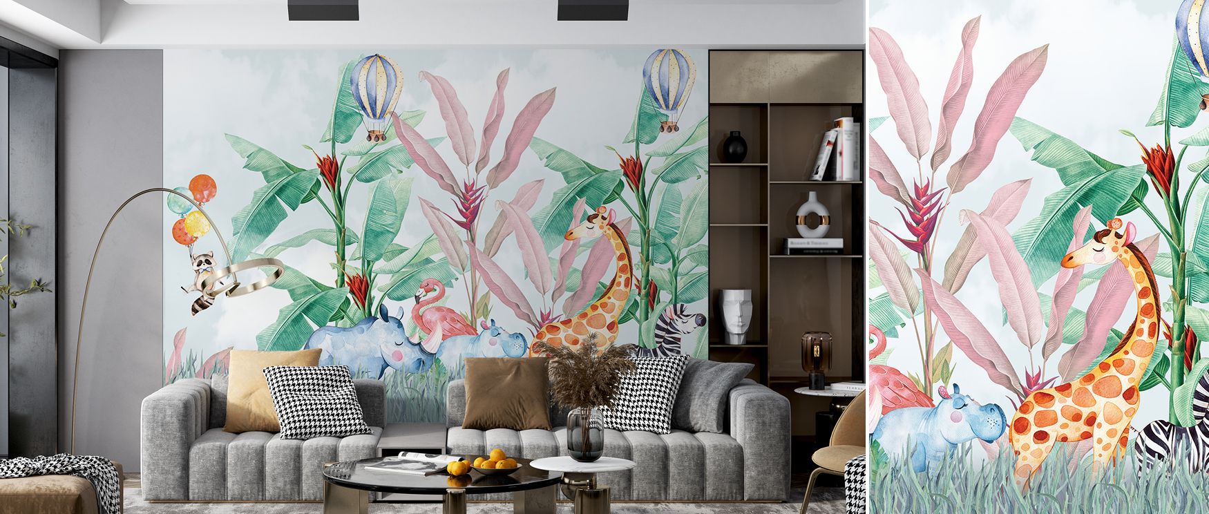 The mural’s safari rhythm fills interiors with lively elegance; its animals inspire curiosity while the banana trees ground the design, creating playful interiors for nurseries, family spaces, or bedrooms. 