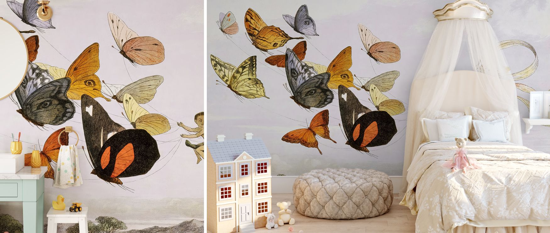 Butterflies encircle the Fairy Queen as she moves through the forest; the mural enriches bedrooms and creative interiors with fantasy rhythm, creating spaces where imagination feels boundless. 