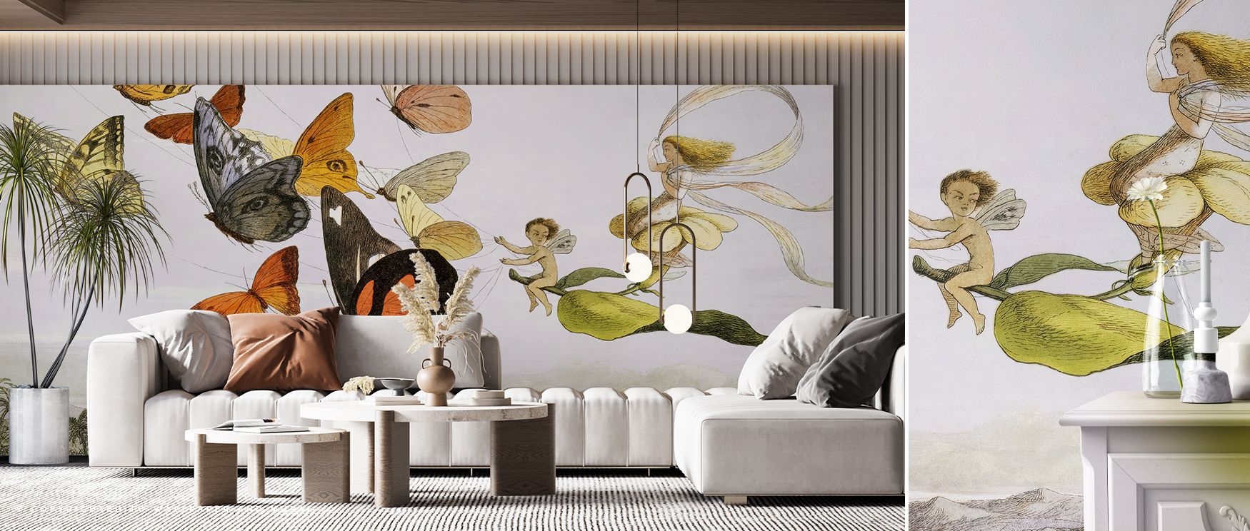 The Fairy Queen glides in her airy carriage beneath tall trees, butterflies surrounding her journey, while distant mountains rise behind; the mural creates enchanting interiors for children’s bedrooms or creative spaces, offering walls a sense of fantasy 