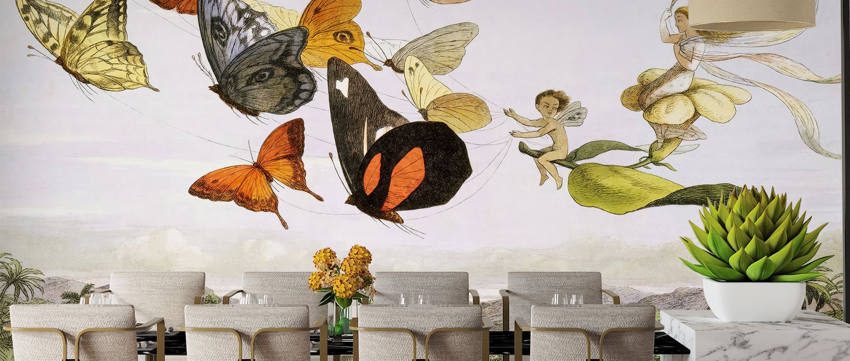 Trees stretch upward in painterly rhythm as butterflies fill the air; the Fairy Queen’s carriage completes the mural with fantasy elegance, perfect for children’s rooms or creative retreats. 