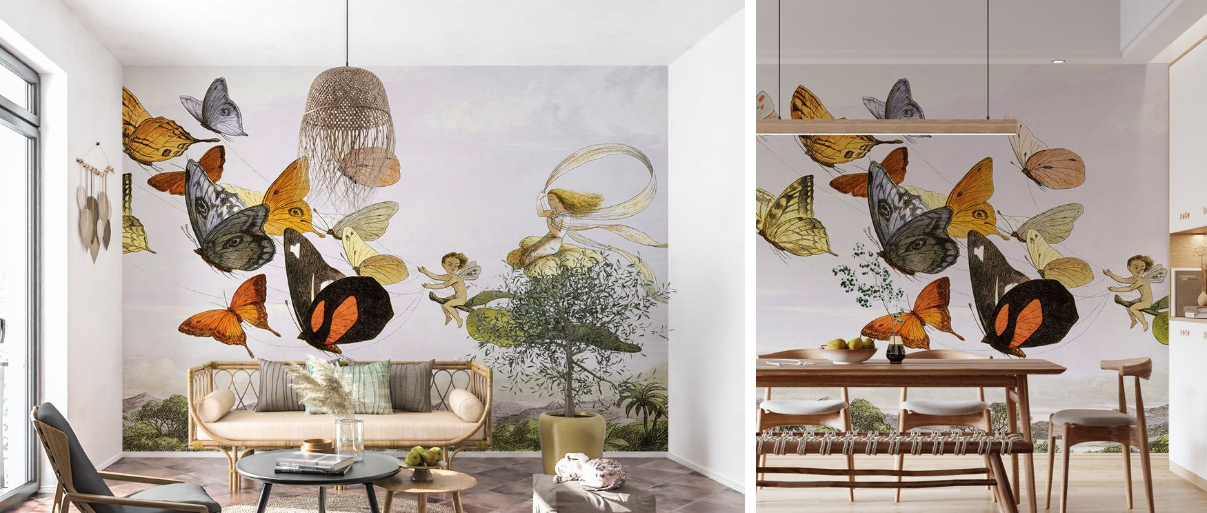 The carriage drifts beneath trees as butterflies shimmer overhead; the mountains in the backdrop add grandeur, grounding the mural in fantasy calm perfect for children’s rooms or playful living spaces. 