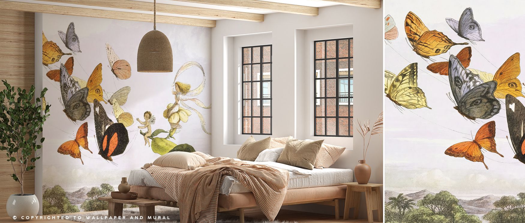 A whimsical landscape emerges with butterflies, trees, and mountains framing the Fairy Queen; this composition turns bedrooms and playrooms into fantasy retreats filled with charm and beauty. 