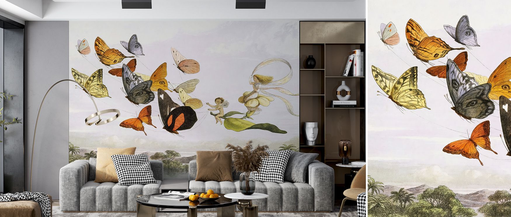 The Fairy Queen’s journey through a magical forest inspires creative spaces and nurseries; butterflies animate the air while trees and mountains provide rhythm, balancing whimsy with calm. 