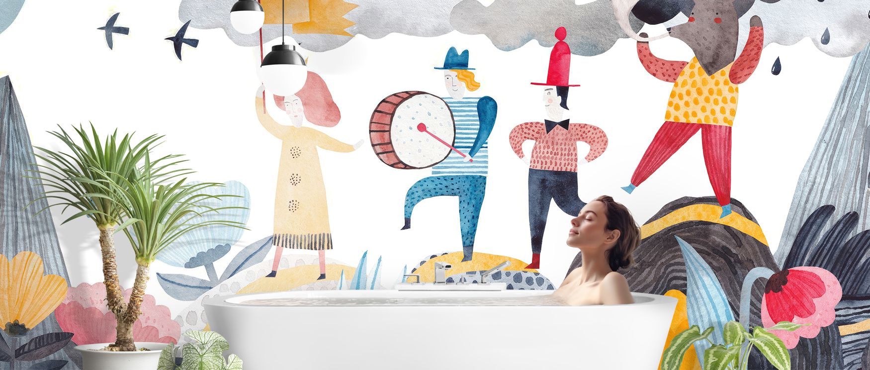Trees and mountains provide grounding calm while butterflies bring energy; together they create joyful interiors for children’s bedrooms or nurseries, balancing charm and serenity. 