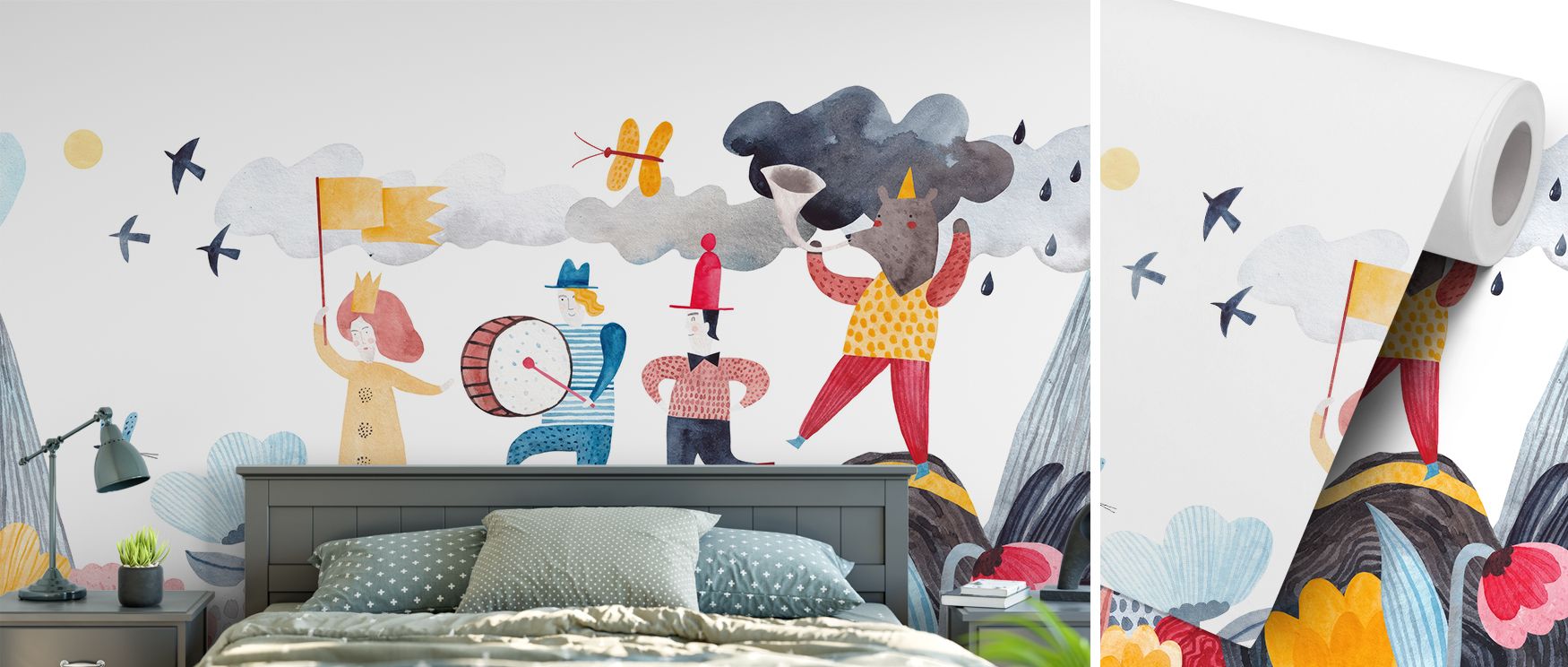 Trees rise with calm rhythm while butterflies add playful movement; the mural enriches nurseries and family spaces with whimsical elegance, grounding interiors in natural charm. 