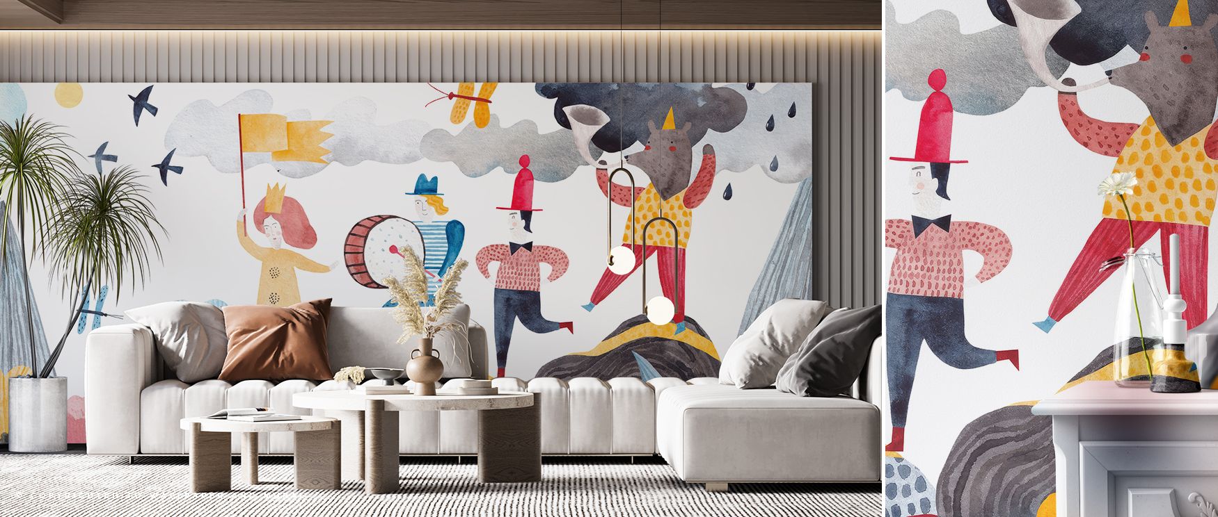 Butterflies dance through lush plants, animating the mural with lively rhythm; its cheerful composition suits nurseries and playrooms, creating interiors filled with delight and creative energy. 