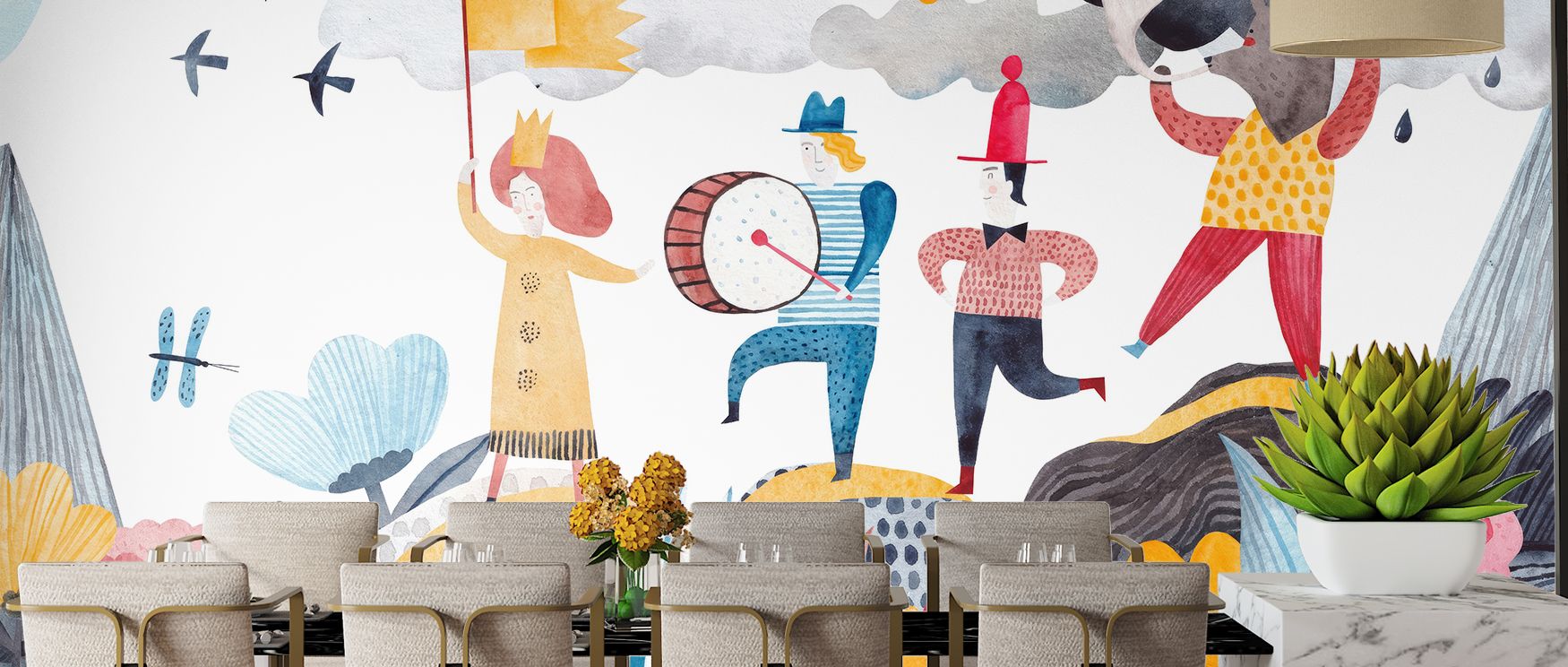 Cheerful Parade radiates playful whimsy, transforming ordinary nursery walls into imaginative sanctuaries filled with butterflies, plants, trees, and joyful mountain scenery.