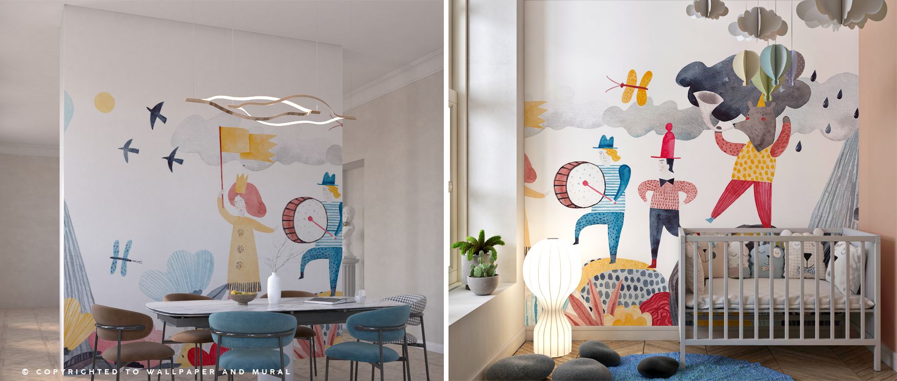 The mural’s playful butterflies and plants transform interiors into whimsical sanctuaries; nurseries and playrooms become cheerful retreats filled with color and nature’s vitality. 