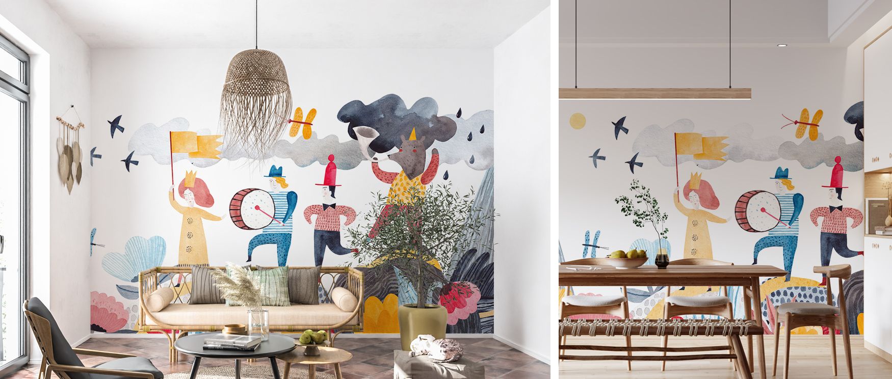Mountains rise behind flowering plants while butterflies bring the scene to life; the mural enriches nurseries with imaginative rhythm, offering joyful charm and gentle decorative elegance. 