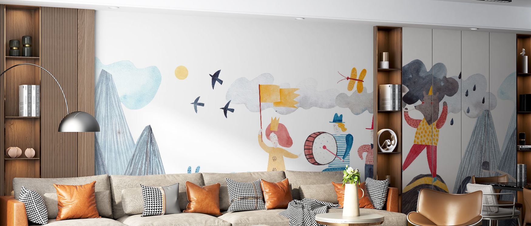Trees and plants create rhythm while butterflies animate the scene; nurseries and family spaces thrive with cheerful energy, grounded by mountains that provide calm. 