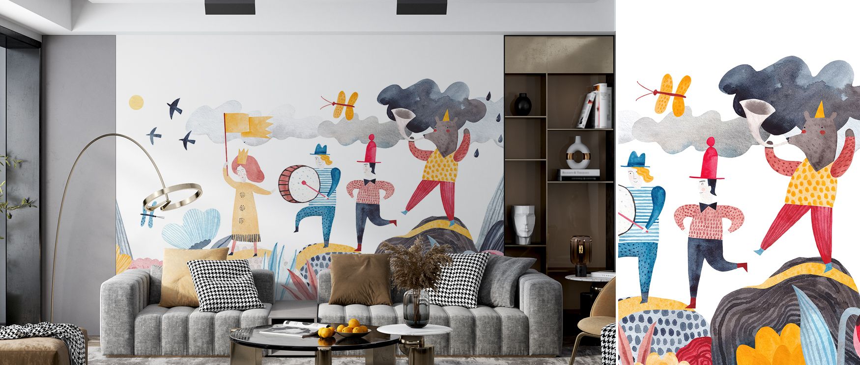 A lively mural of butterflies, trees, and plants creates joyful interiors for nurseries; mountains in the backdrop add balance, grounding the scene in calm elegance. 