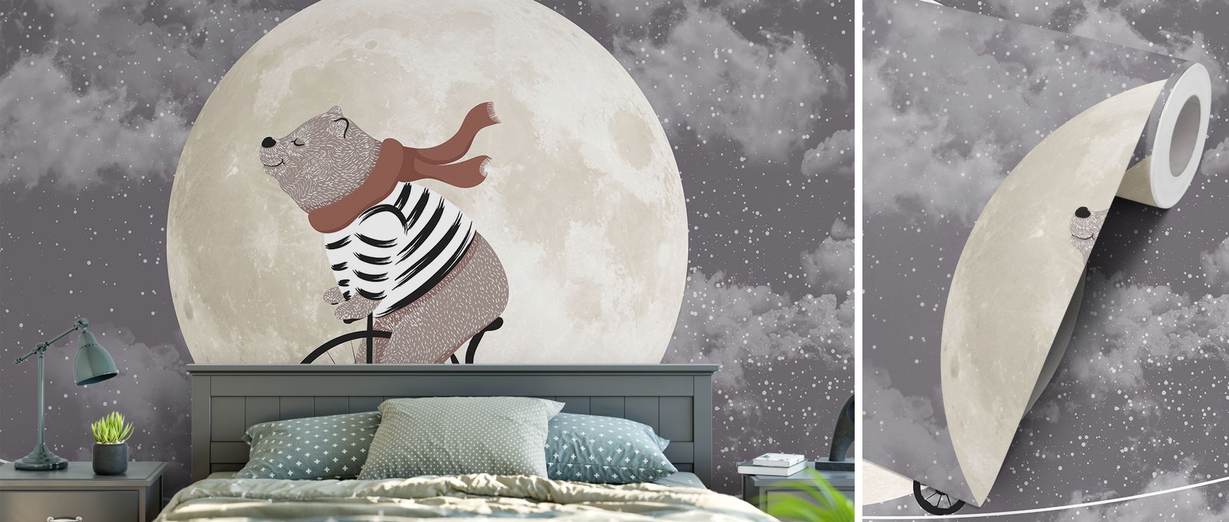 Stars twinkle across the mural while the moon casts a gentle glow, adding serenity to the brave bear’s presence; the composition transforms nurseries into calm retreats that encourage peaceful sleep while still sparking creativity in young minds. 