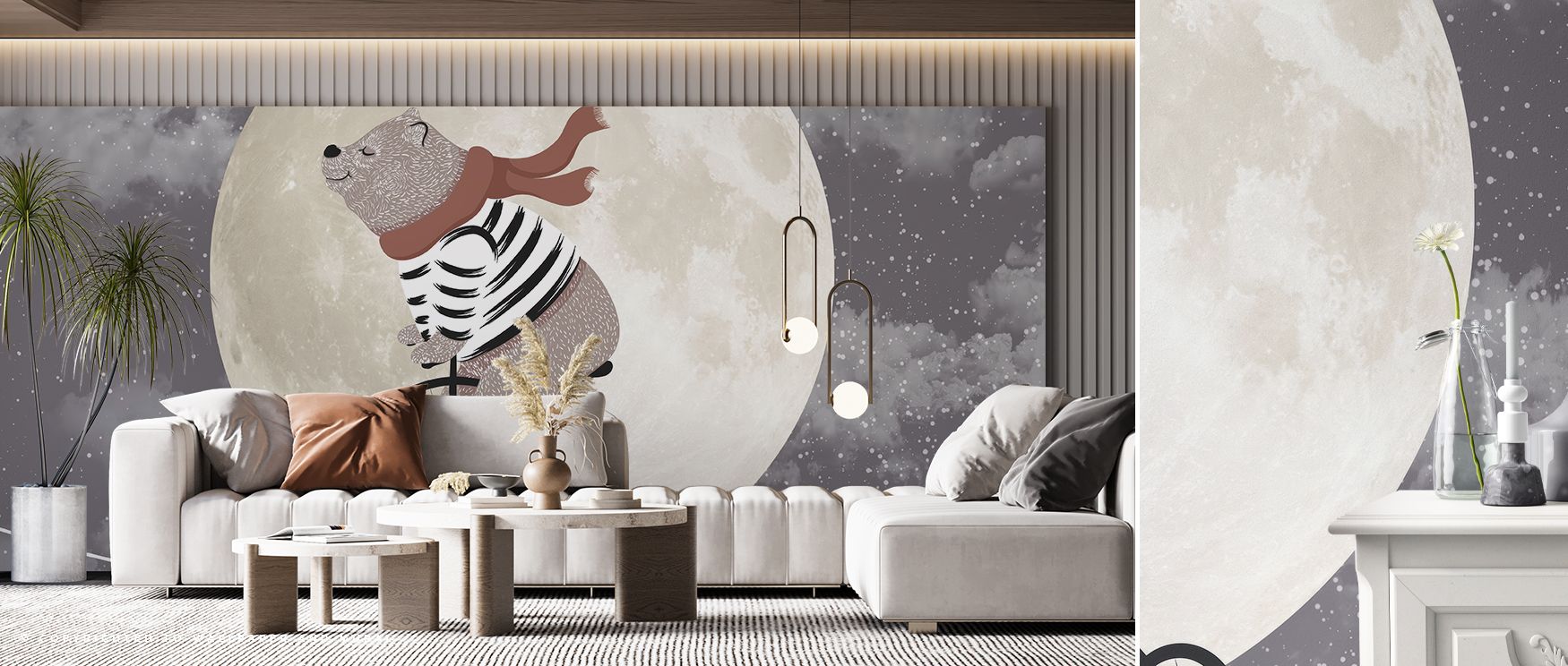 The mural blends the presence of a courageous bear with a whimsical night sky, balancing storytelling charm with restful ambiance; perfect for bedrooms and nurseries, it makes nightly spaces feel imaginative, secure, and timelessly calming. 