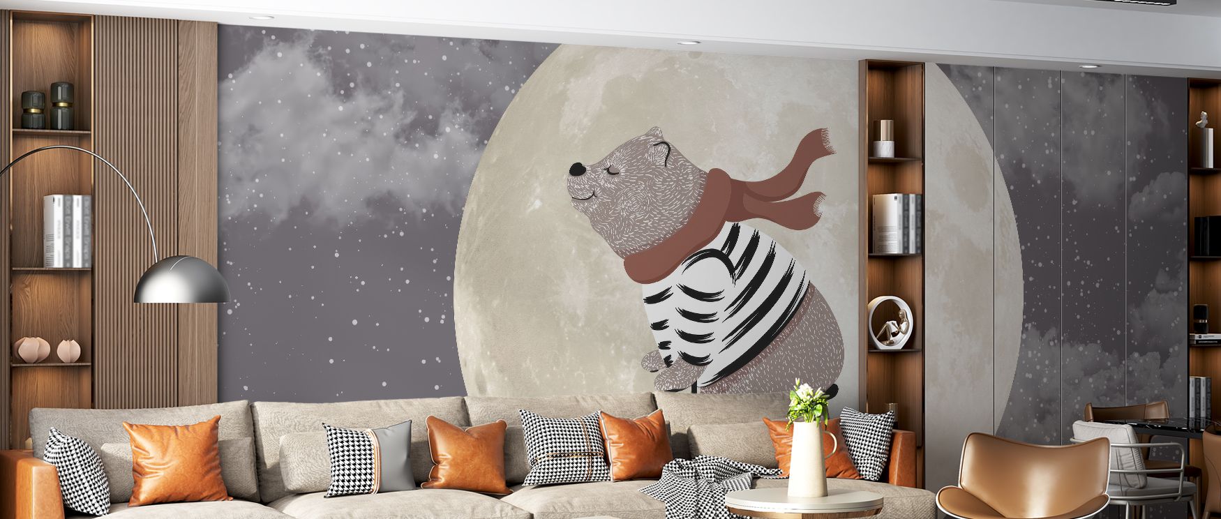A whimsical bear anchors the mural, surrounded by stars that twinkle like guiding lights; the moon radiates calm, creating a backdrop that enriches nurseries with both decorative charm and emotional warmth, ensuring imaginative and peaceful interiors. 