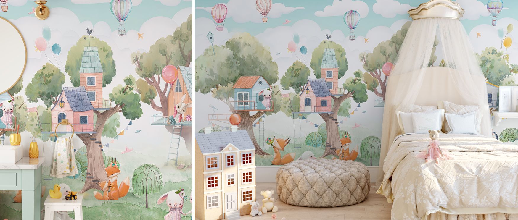 Plants, trees, and animals form a lively composition, ensuring walls become engaging backdrops; the design suits nurseries and creative play spaces, making interiors feel adventurous and safe at once, blending charm with imaginative artistry. 