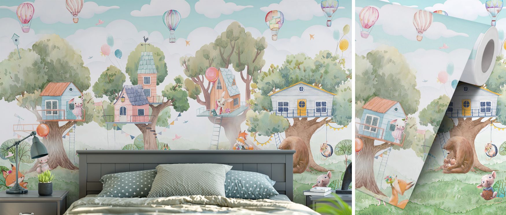 Each animal adds narrative character: the bear’s calm, the fox’s energy, the rabbit’s charm; their gathering beneath the tree house creates a mural that celebrates community, enriching nurseries with warmth and imaginative balance. 