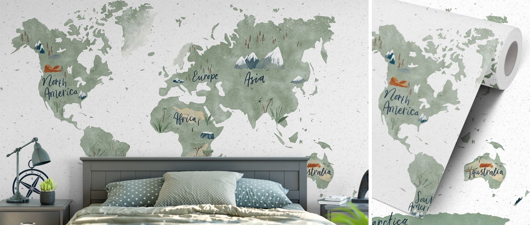 Stylized mountains rise across continents while trees provide detail, grounding the map in natural charm; the mural works in family spaces and bedrooms, adding sophistication and curiosity to walls. 