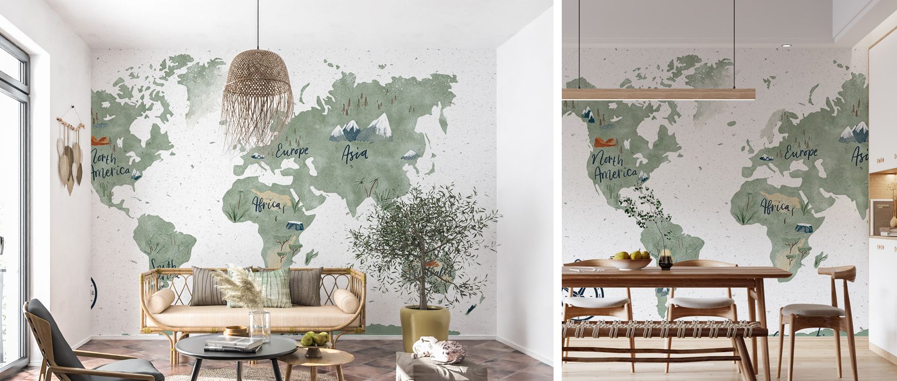 Trees and mountains punctuate the continents like small details in a painting; the map inspires conversation and creativity, turning children’s rooms and living spaces into thoughtful, engaging interiors. 